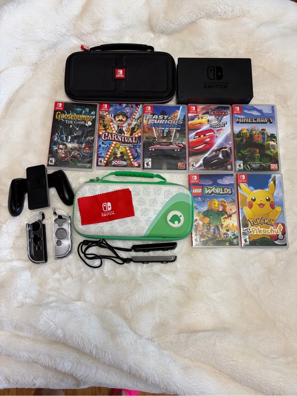 Nintendo Switch Bundle with Black Dock and Green/White Carry Case